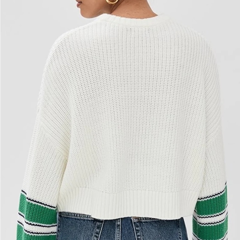 STAUD Cliff White Cropped Knit Sweater with Green & Navy Sleeve Accents - Picture 3 of 9
